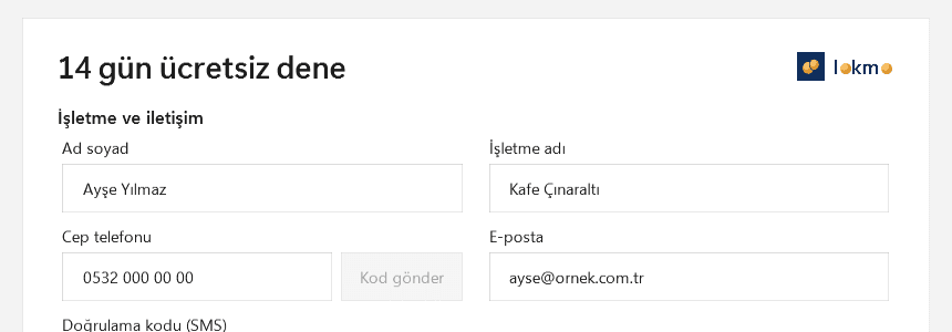 Deneme formu: ad soyad, işletme adı, cep telefonu ve e-posta alanları