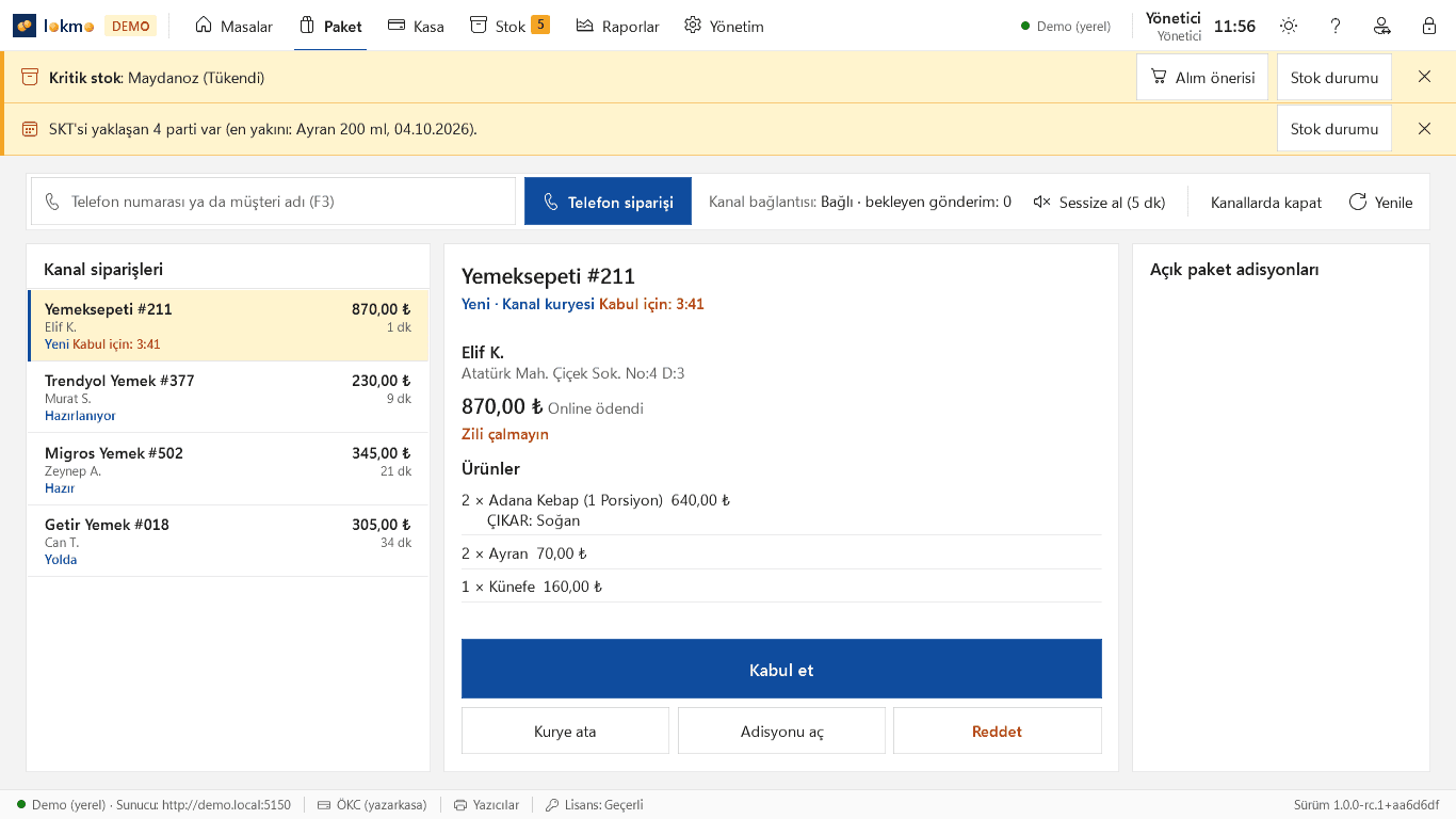 Paket servis ekranı: kanal siparişleri ve Yemeksepeti siparişinin ayrıntısı