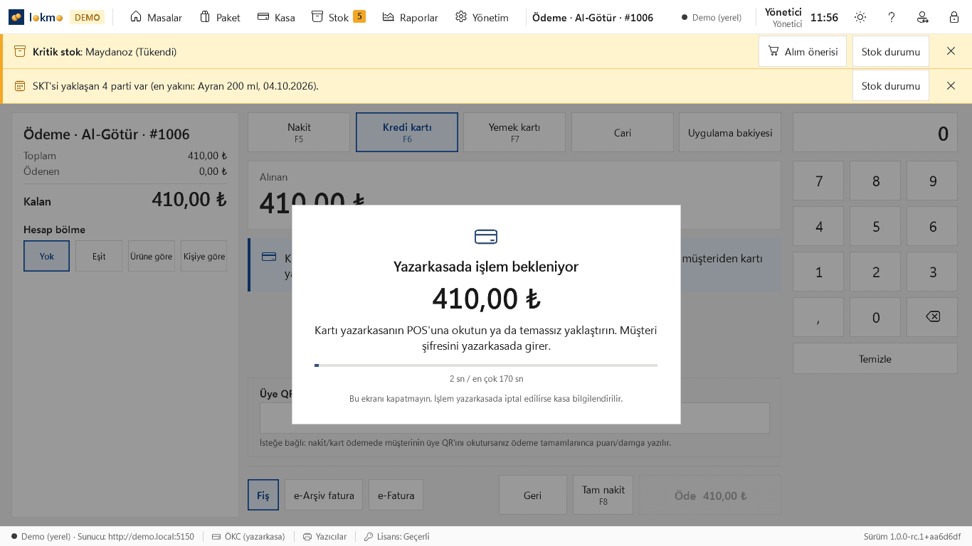 Ödeme ekranı: yazarkasada işlem bekleniyor, 410,00 TL