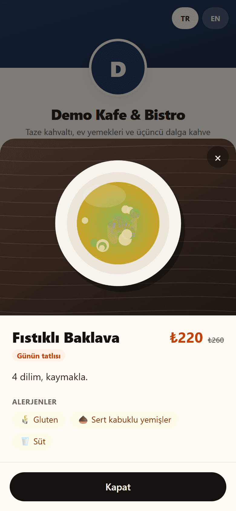 QR menüde kampanyalı ürün