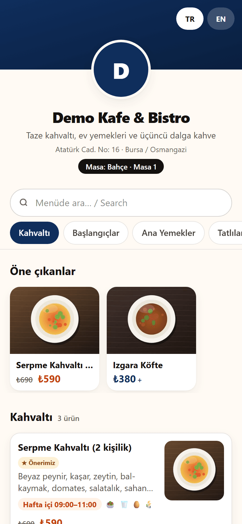 QR menü: masa bilgisi ve öne çıkan ürünler